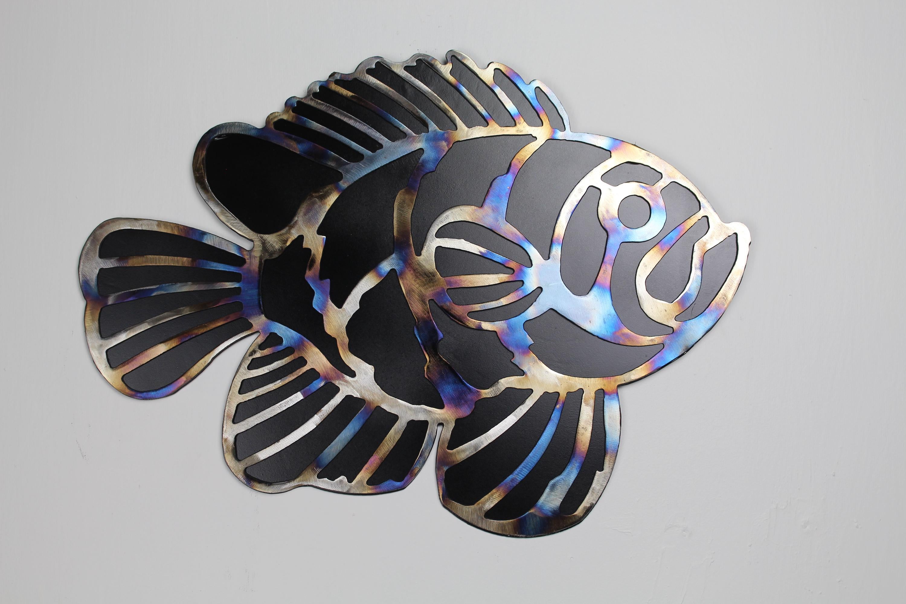 Animal Lovers CLOWN FISH wall art decoration - Lake House - Vacation home - STR- Flame Treated on Black - Steel-on-steel - hand made